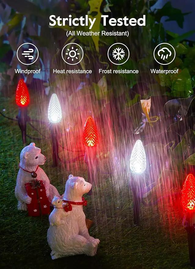 C9 LED Christmas Lights Outdoor with Stakes, 25.7 Feet 20 LED C9 Strawberry String Lights, Connectable Shatterproof Pathway Lights Marker for Path, Lane, Patio, Xmas Holiday Decorations, Red and White by GreenHaven Gardens
