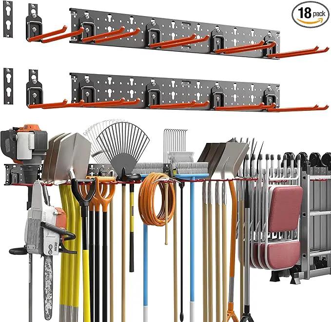 TORACK Garden Tool Organizer Wall Mount, Garage Folding Chair Storage Rack, Tools Rack for Shovels, Rakes, Broom, Ladders, Hooks for Keyhole Style Shelving Unit by GreenHaven Gardens