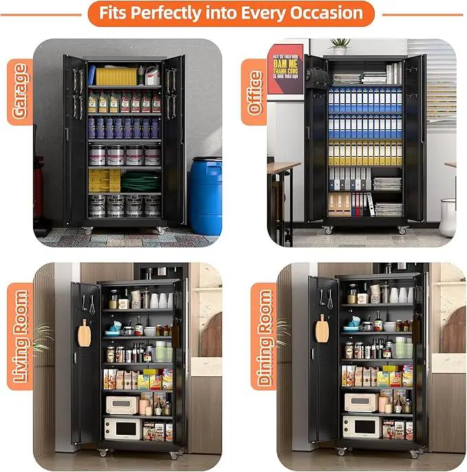 71" H×32" W×16" D Garage Storage Cabinet with Wheels, Locking Metal Storage Cabinet with 5 Adjustable Shelves, 4 Hooks and Pegboard for Garage, Home Office, Kitchen, Black, Assembly Required by GreenHaven Gardens