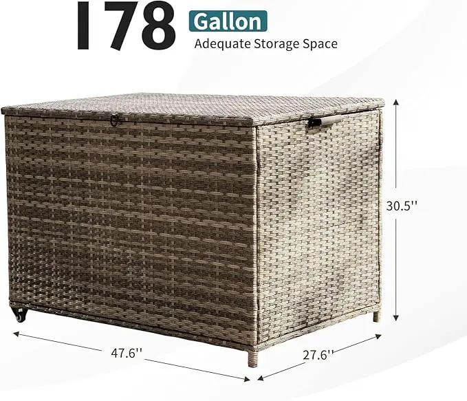 178 Gallon Outdoor Storage Box, Patio Deck Box with 2 Wheels, Handle Large Portable Wicker Rattan Deck Box for Patio Furniture Cushions, Throw Pillows, Garden Tools and Pool Floats (Gray) by GreenHaven Gardens