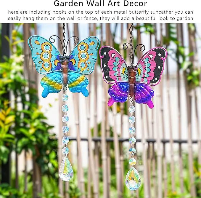 Set 2 Metal Butterfly Suncatchers for Windows - 14" Outdoor Fence Wall Art Decor, Rainbow Prisms Sun Catchers with Crystals Hanging for Home Garden Ornament by GreenHaven Gardens