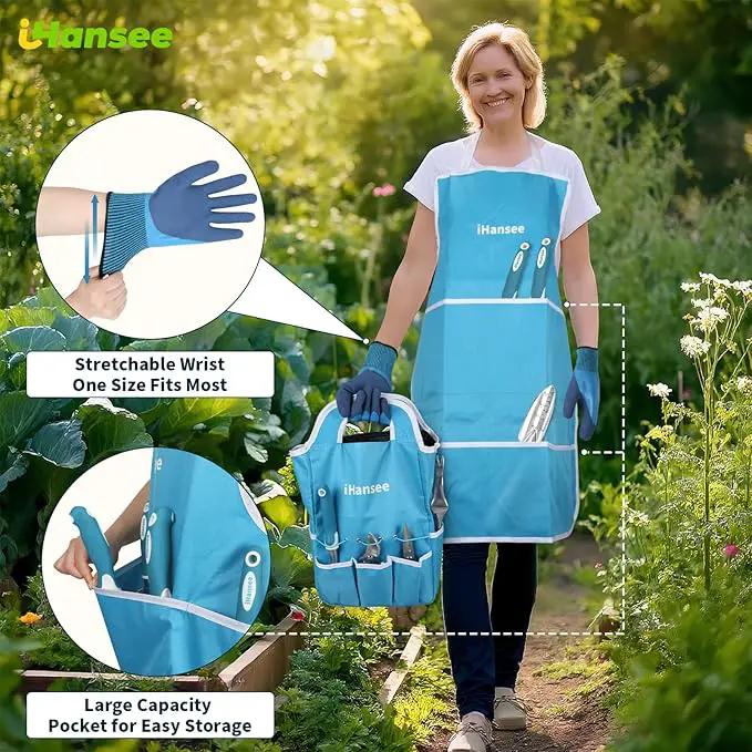 Blue Garden Tool Sets 12-Piece, Aluminum Gardening Hand Tools w/Ergonomic Handle, Garden Supplies Organizer Handbag, Kneeling Pad, Apron and Gloves, Gift for Women, Garden Starter Kit for Women by GreenHaven Gardens