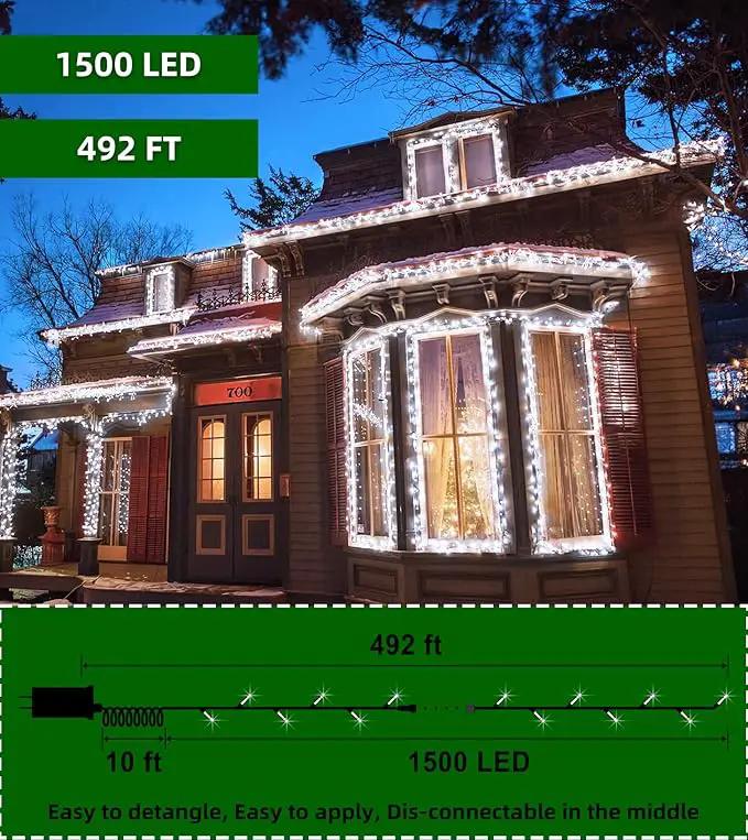 1500 LED Chrstmas String Lights, 492FT Super Long Christmas Lights with 8 Modes, Christmas Tree Lights with Timer Memory for Indoor Outdoor Tree Fence Garden Xmas Wedding Party Decor Cool White by GreenHaven Gardens