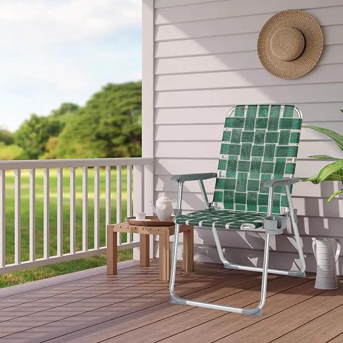 VINGLI Folding Aluminum Webbed Lawn Chairs with Detachable Cup Holder, High Beach Chair for Adults Heavy Duty, Portable Patio Chair, Camping Chair for Yard, Garden, 2 Pack by GreenHaven Gardens