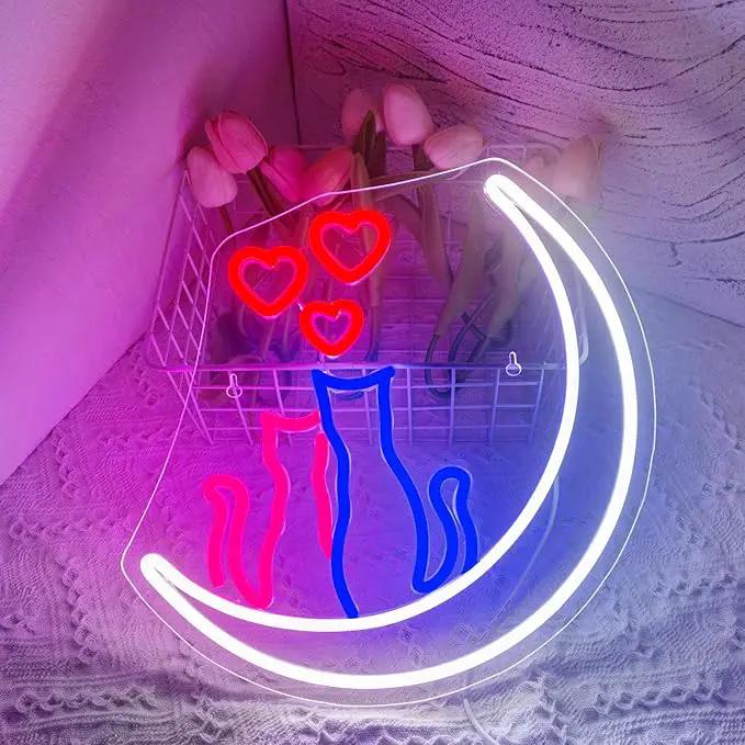 Two Cats on Moon Neon Sign,Cute Couple Kittys Neon Lights for Wall Decor,Kawaii Animal 3D LED Neon,USB Light Up Signs for Girls Bedroom Bar Home Party Valentine's Day Cat Lovers Weddings by GreenHaven Gardens