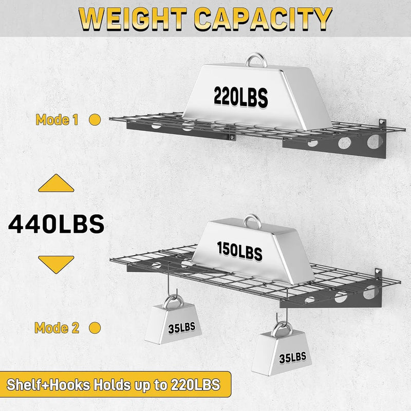 Ultrawall Garage Wall Shelves, 2 x 4 ft Wall Mounted Storage Shelves, Heavy Duty Wall Shelving with Hooks, Holds Up to 220 Lbs, 2Pack, Black by GreenHaven Gardens