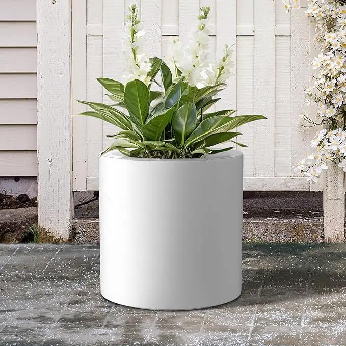 Kante 15.7" Dia Round Concrete Planter, Modern Style Large Cylindrical Plant Pot with Drainage Hole and Rubber Plug for Indoor Outdoor Patio, White by GreenHaven Gardens