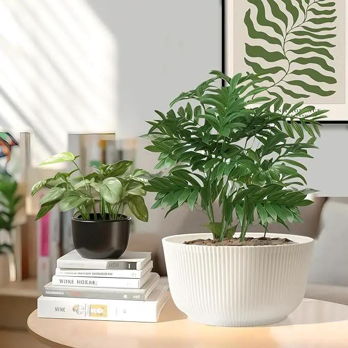 T4U 10 Inch Self Watering Pots for Indoor Plants, Plastic Plant Pots with Drainage Hole, Large Flower Pots for Indoor Outdoor Plants Cactus, Garden, Set of 2, White