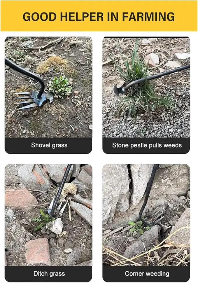 Weeding Artifact Uprooting Weeding Tool, Multifunctional Weeder, Hand Weeder Tool, 4 Teeth Stand Up Weed Puller Tool with Handle for Garden Yard Farm Weed Removal (16in, Extra Long Wood Handle) by GreenHaven Gardens