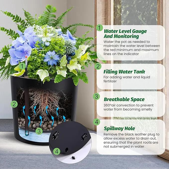 Tall Round Planter Set of 2, 19.5‘’ H x 19.9" Dia Large Planters for Indoor Plants with Built-in Drainage and a Water Level Monitor and Wheels for Patio, Porch, Living Room, or Home Office, Black by GreenHaven Gardens