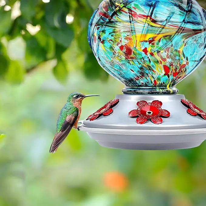 BOLITE Hummingbird Feeder, Hand Blown Glass Hummingbird Feeders for Outdoors Hanging, with Ant Moat and 5 Feeding Ports, 22 Ounces, Peony Flower Shape, Blue, Gifts for Women Men, Gifts for Mom Dad by GreenHaven Gardens