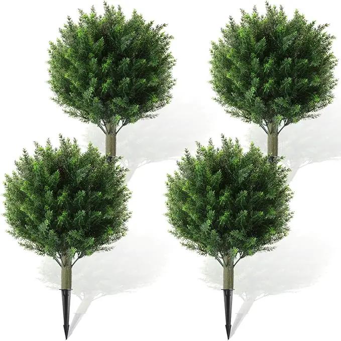 Yunlly 4 Pcs Artificial Cedar Topiary Ball Fake Tree 18" Bush Front Porch Decor Artificial Shrubs for Outdoors Faux Cypress with Ground Spike, Evergreen Plants for Indoor Garden Patio, UV Resistance by GreenHaven Gardens