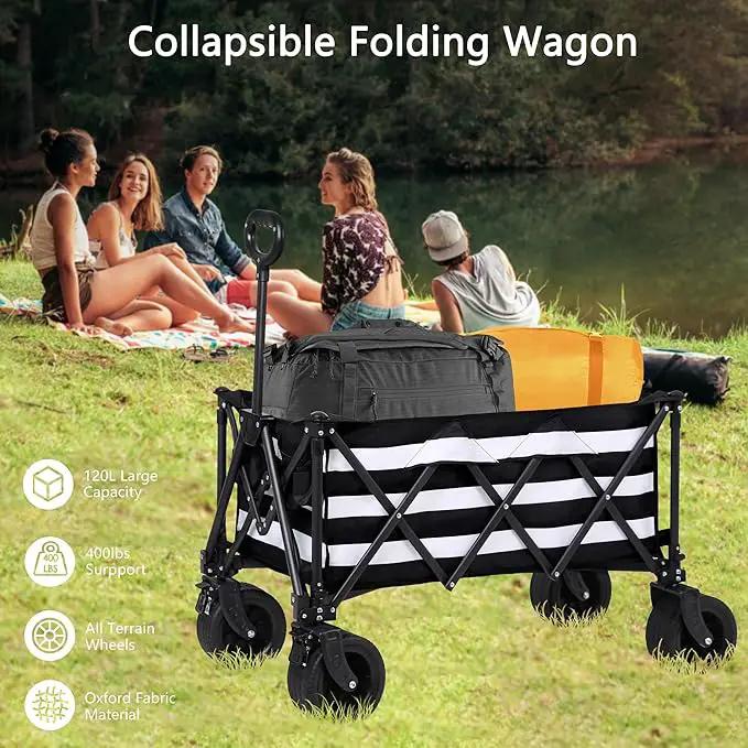 Wagons Carts Foldable with All-Terrain Big Wheels 400 LBS, Heavy Duty Collapsible Utility Wagon Cart, Folding Grocery Cart for Beach, Camping, Sports, Shopping, Garden and Fishing-Black Stripe by GreenHaven Gardens