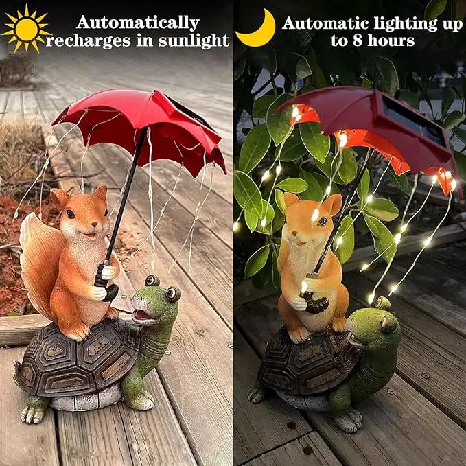 Solar Garden Statue Outdoor Decor - Squirrel Standing on Turtle Holding Umbrella with String Lights Outdoor Waterproof Statues for Patio Lawn Yard Decoration Garden Ornaments Housewarming Gifts by GreenHaven Gardens