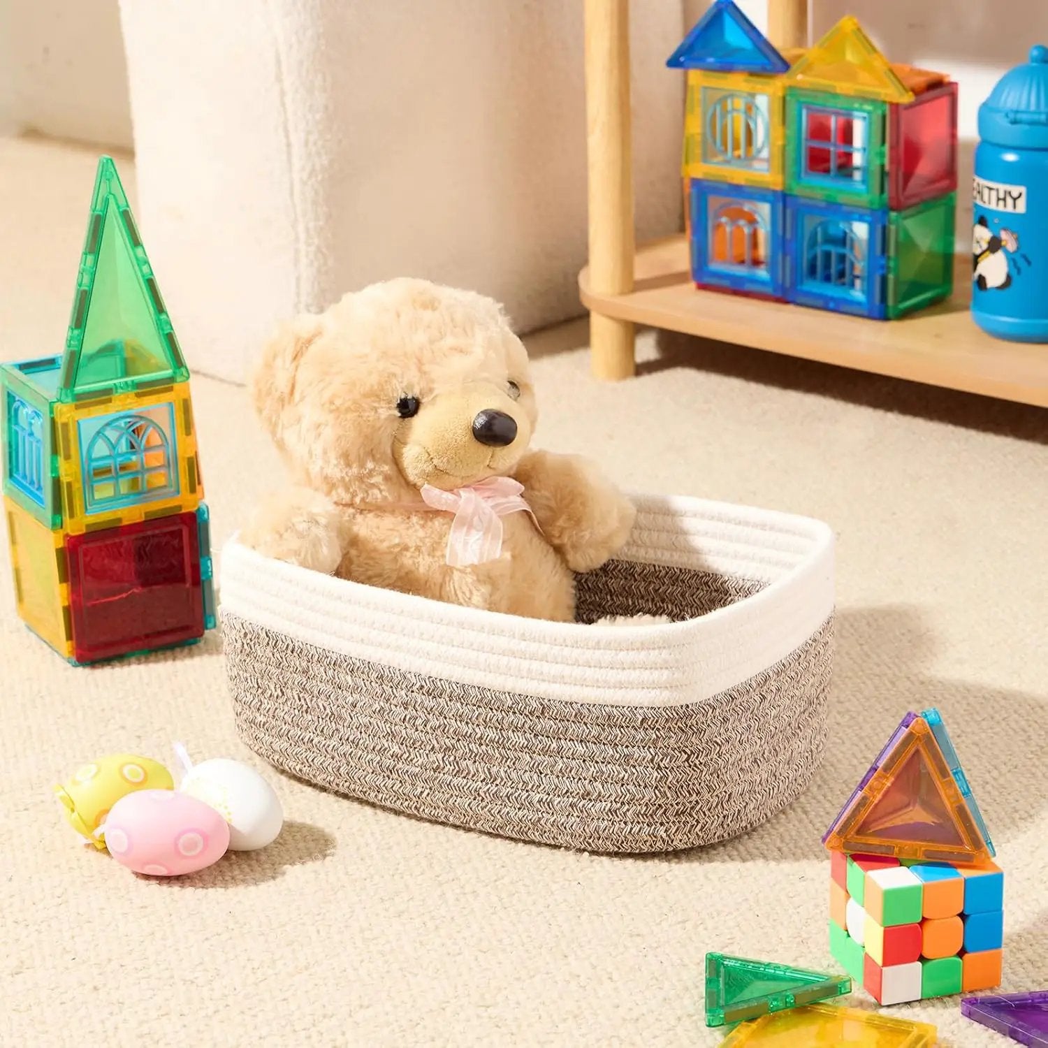 Small Storage Baskets for Organizing | Closet Organizer Bins | Shelf Toy Basket | Woven Rope Baskets | Cube Decorative Box | Shallow Basket | 11.5x7.5x4.7” | 4 Packs White Brown by GreenHaven Gardens