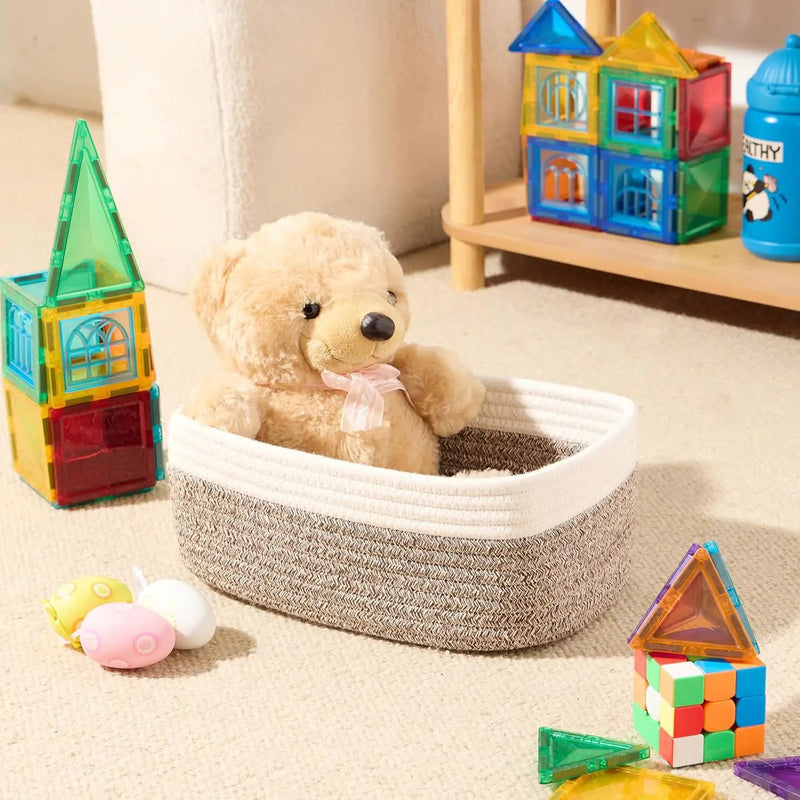 Small Storage Baskets for Organizing | Closet Organizer Bins | Shelf Toy Basket | Woven Rope Baskets | Cube Decorative Box | Shallow Basket | 11.5x7.5x4.7” | 4 Packs White Brown by GreenHaven Gardens
