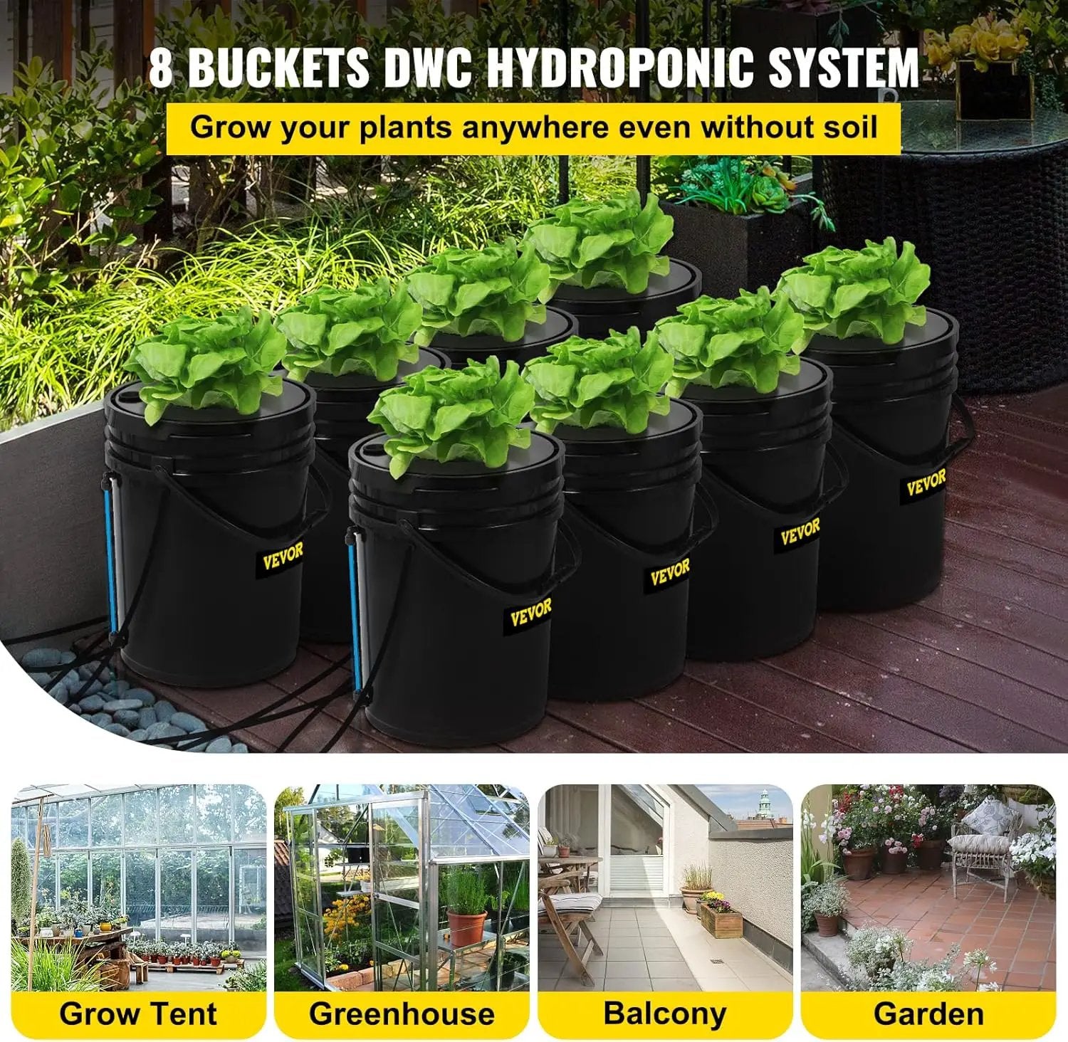 VEVOR DWC Hydroponic System, 5 Gallon 8 Buckets, Deep Water Culture Growing Bucket, Hydroponics Grow Kit with Pump, Air Stone and Water Level Device, for Indoor/Outdoor Leafy Vegetables by GreenHaven Gardens