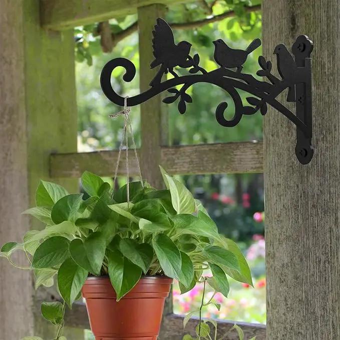 Metal Hanging Plant Bracket with Birdie Pattern 2 Pack – Heavy Duty Plant Hooks for Hanging Flower Baskets，Plants, Bird Feeder, Wind Chime - Indoor/Outdoor Use，Black Matte Texture (12 in) by GreenHaven Gardens