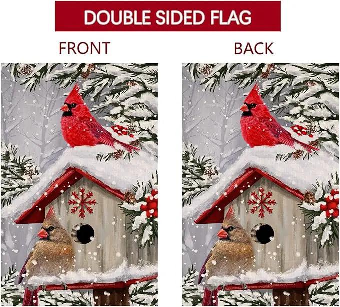 BLKWHT Winter Cardinal Bird House Flag 28 x 40 Vertical Double Sided Trees Snow Christmas Holiday Outside Decorations Burlap Yard Flag BW735-40 by GreenHaven Gardens