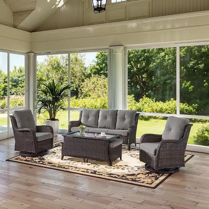 Wicker Outdoor Furniture Patio Furniture Set - 6 Piece Patio Conversation Set with Swivel Rocker Chairs, Rattan Sofa, Ottomans and Coffee Table, Gray Cushion by GreenHaven Gardens