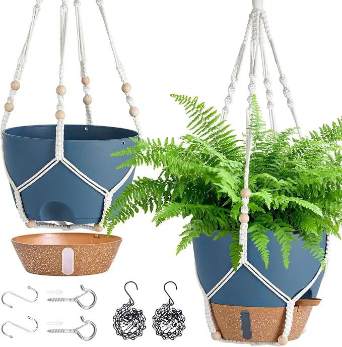 Hanging Planter Self Watering 10 Inch, 2 Pack Hanging Baskets for Plants, Hanging Flower Pots with Drainage Hole & 2 Kinds of Plant Hangers for Garden Home Decor (Navy Blue, 10 Inch) by GreenHaven Gardens