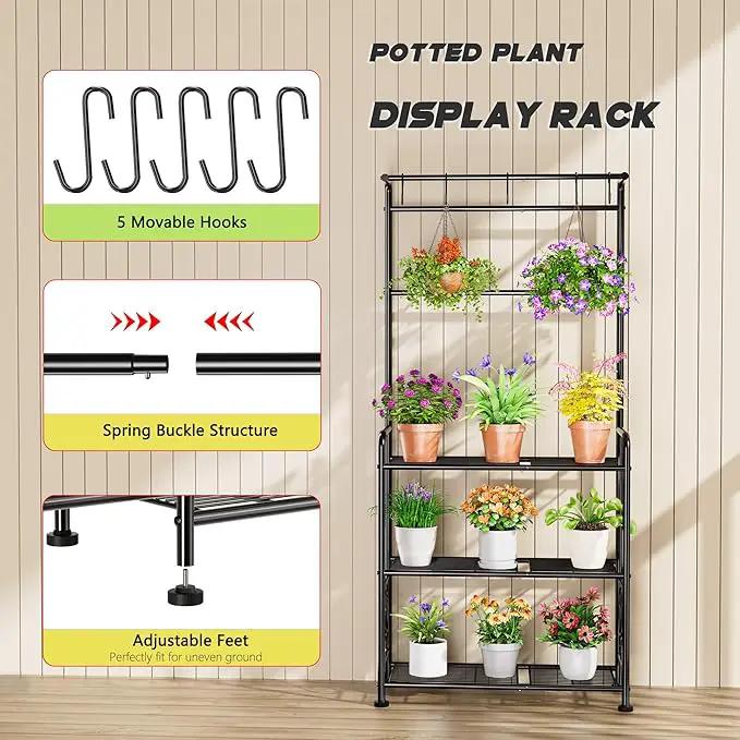 Plant Stand Indoor Outdoor Heavy Duty Metal - 56.4" Tall 3-Tier Shelf for Multiple Plants, Flowers, Rustproof Black Storage Rack for Patio, Balcony, Living Room, Garden, Includes Hooks&Adjustable Feet by GreenHaven Gardens