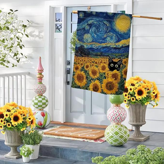 BLKWHT Summer Sunflower Cat House Flag 28x40 Vertical Double Sided Blue Sky Welcome Farmhouse Holiday Outside Decorations Burlap Yard Flag BW822-40 by GreenHaven Gardens