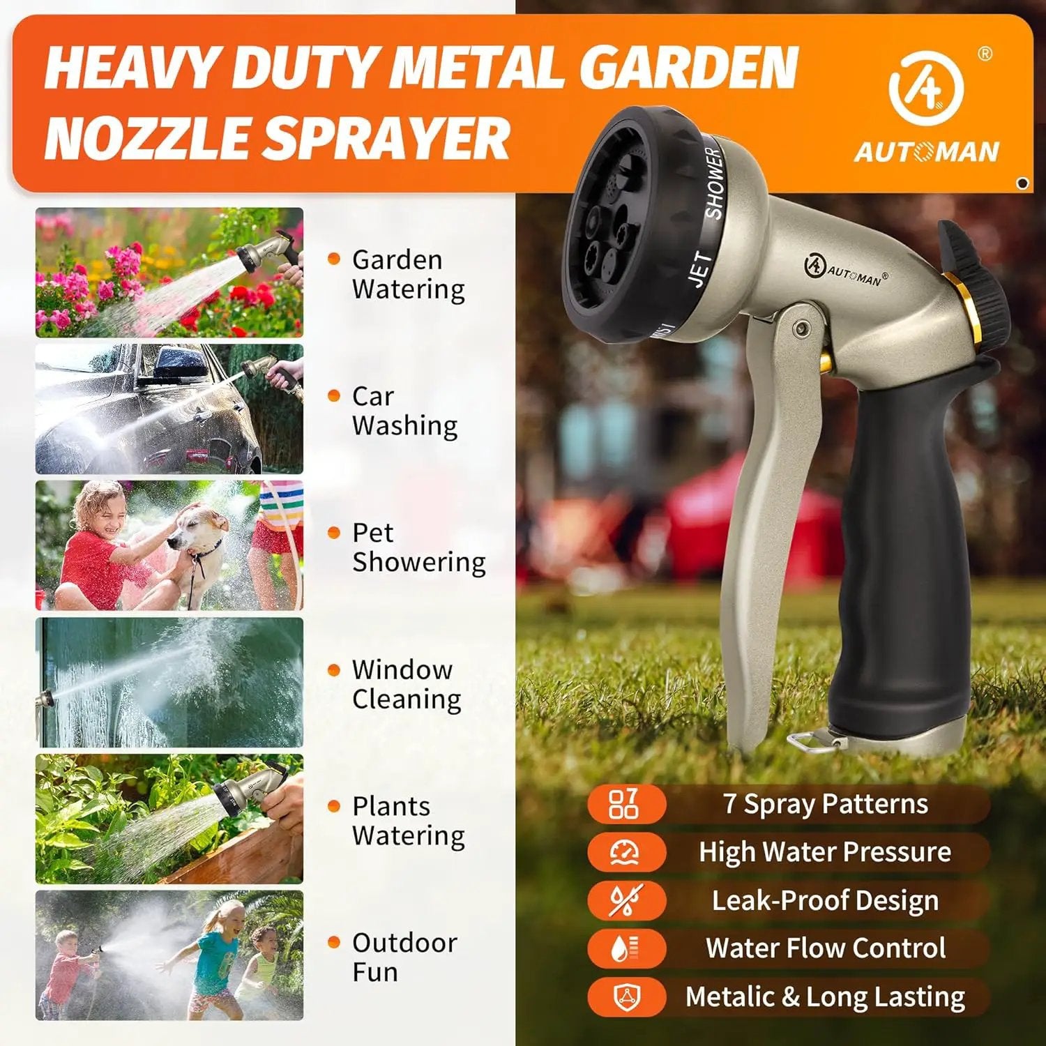 AUTOMAN Garden Hose Nozzle - 7 Patterns Sprayer, 100% Metal High Pressure Spray Nozzle, Labor-Saving Design, Heavy Duty Water Hose Nozzle for Garden Watering, Car Washing, Window Cleaning,Pets Bathing by GreenHaven Gardens