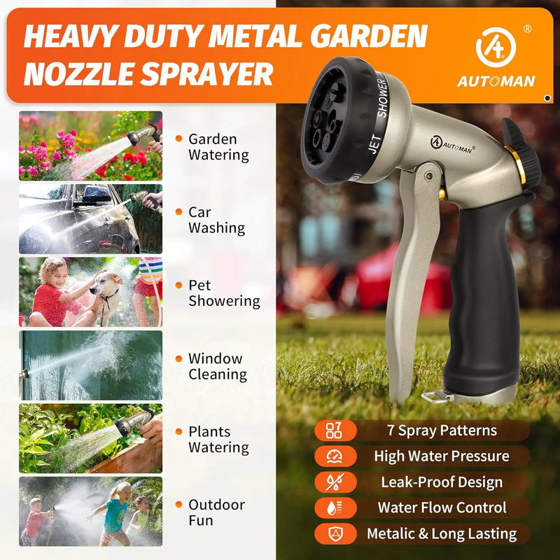 AUTOMAN Garden Hose Nozzle - 7 Patterns Sprayer, 100% Metal High Pressure Spray Nozzle, Labor-Saving Design, Heavy Duty Water Hose Nozzle for Garden Watering, Car Washing, Window Cleaning,Pets Bathing by GreenHaven Gardens