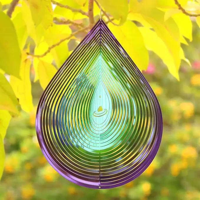 Wind Spinner Garden Indoor Outdoor Decor 3D Stainless Steel Metal Hanging Decorations, 3D Water Droplets Pattern Metal Wind Sculptures & Spinners Whirligig Gifts with 12inch(Green&Purple) by GreenHaven Gardens