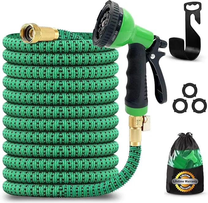 J&B XpandaHose 75ft Expandable Garden Hose with Holder - Heavy Duty Superior Strength 3750D - 4 -Layer Latex Core - Extra Strong Brass Connectors and 10 Spray Nozzle w/Storage Bag (Green 75) by GreenHaven Gardens