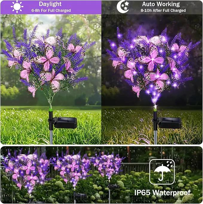 Solar Garden Lights Outdoor, 4 Pack Purple Lavender Solar Butterfly Lights Gardening Gifts for Women, Purple Artificial Flower with Butterfly Garden Decor for Lawn Patio by GreenHaven Gardens