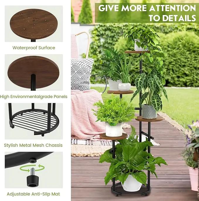 TOSKING 5 Tier Metal Plant Stand Indoor， Plant Shelf, Corner Shelf Flower Pot Stand for Outdoor Plant Stand for Living Room Balcony Garden Patio Bedroom (Black and Brown, 42in) by GreenHaven Gardens