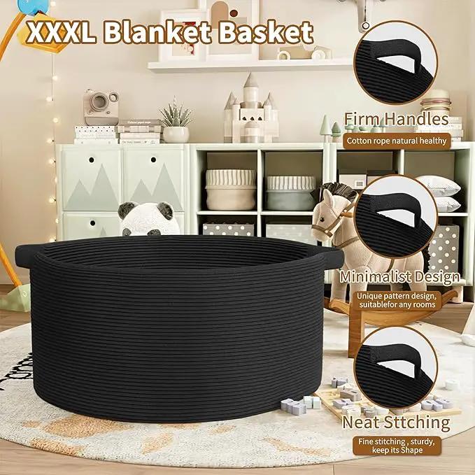 125L Extra Large Blanket Basket, 25" x 16", Jumbo Laundry Woven Baskets Decorative Home, Cotton Rope Basket with Handles, Baby Toy Baskets for Storage, Black by GreenHaven Gardens