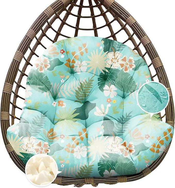 Egg Chair Cushion Replacement, Waterproof Outdoor Hanging Egg Swing Chair Cushions Pads, U-Shaped Thickened Cushions for Hanging Eggs Chair with Ties, 47x33x7 Inches (Cyan Floral Leaf) by GreenHaven Gardens