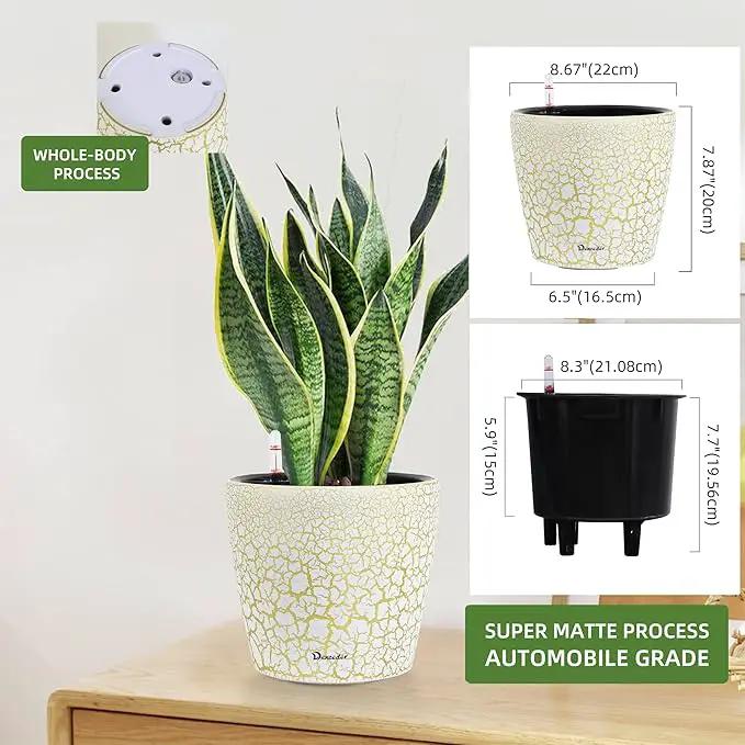 Dexceder 9x8 Inches Self Watering Planter Indoor Outdoor, Inner Pot Design, Thickened Table Flower Plant Pot with Water Level Indicator (White Gold Crackle) by GreenHaven Gardens