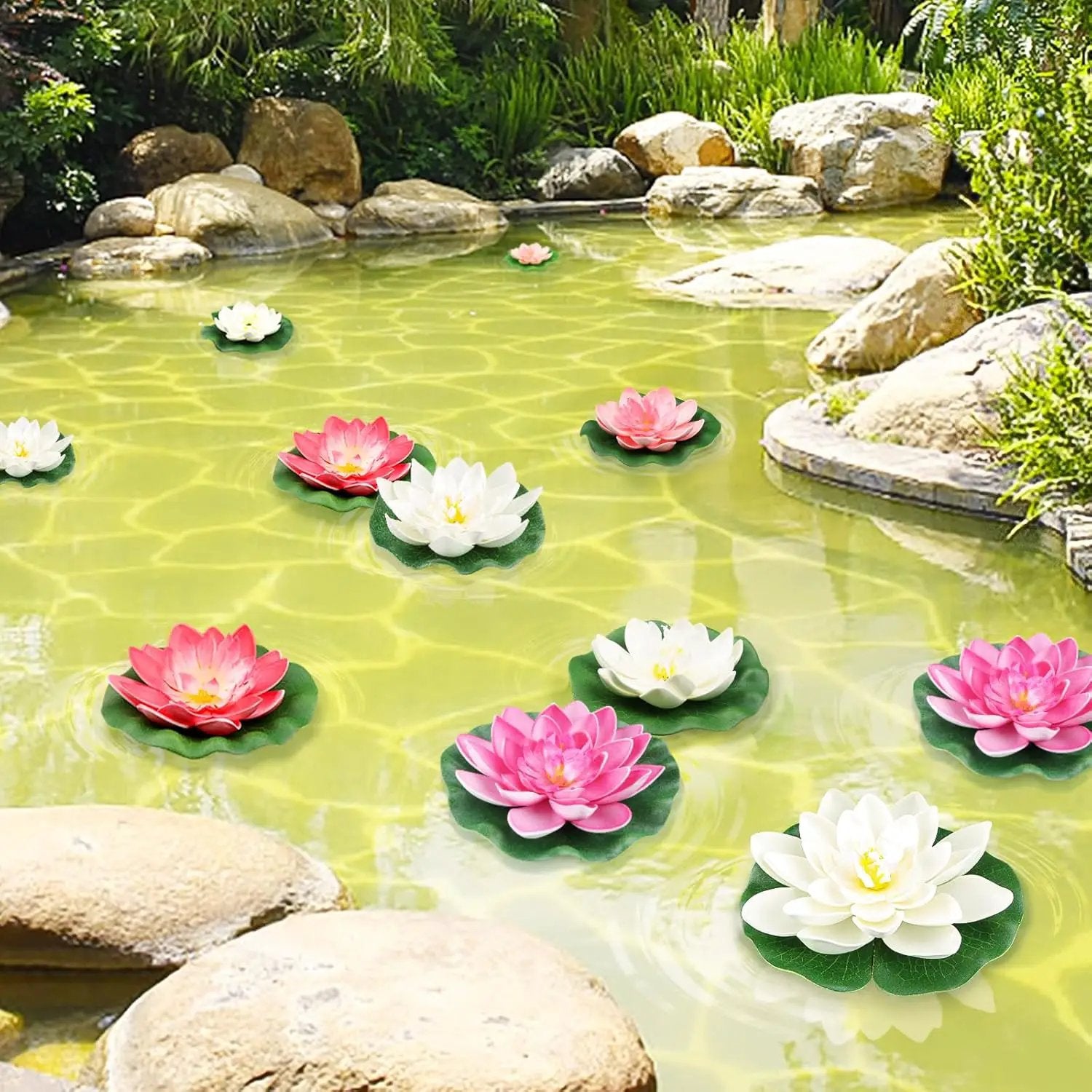 10PCS 3 Sizes Artificial Foam Lotus Floating Flowers with Water Lily Pad Ornaments for Home Garden Pond Decor Pools Water Decorations, Pink and White by GreenHaven Gardens