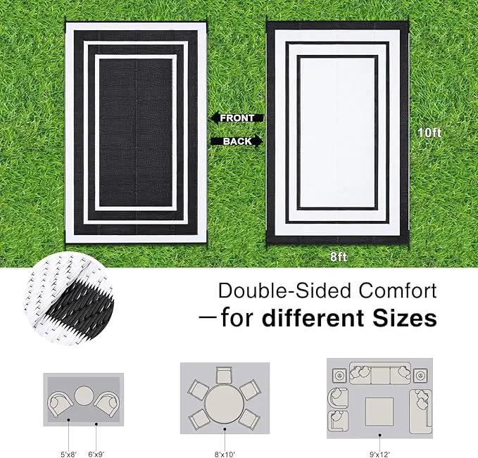 OLANLY Outdoor Rug 8x10 ft Waterproof, Reversible Outdoor Plastic Straw Rug, RV Mat, Indoor Outdoor Carpet Clearance for Patio, Camping, Balcony, Deck, Backyard, Black & White by GreenHaven Gardens