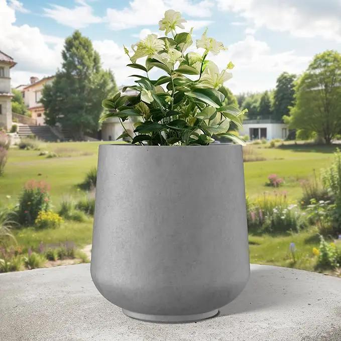 Kante 15.3" Dia Round Concrete Planter, Outdoor Indoor Large Plant Pots Containers with Drainage Hole and Rubber Plug for Home Garden Patio, Gray Concrete by GreenHaven Gardens