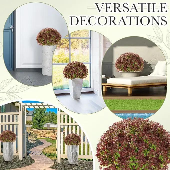 Yunlly 4 Pack 18" Artificial Boxwood Ball Bush Topiary Trees Fake Outdoor Plants, Realistic UV Resistance Faux Shrubs with Spike Greenery Topiary for Front Porch Garden Yard Patio Indoor (Dark Red) by GreenHaven Gardens