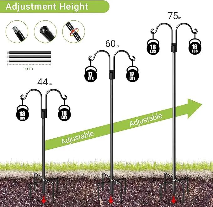 Double Shepherds Hooks for Outdoor, Heavy Duty Bird Feeder Pole with 5 Prong Base, Adjustable Shepards Hook for Outside, Garden, Weddings, Hanging Plant, 2 Pack by GreenHaven Gardens