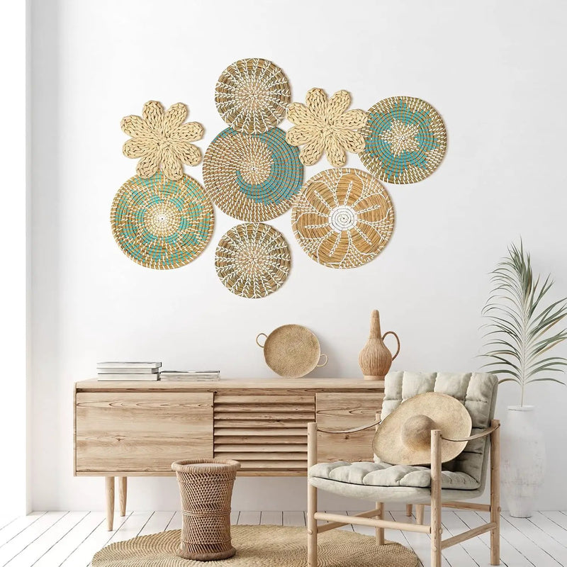 Xuhal Set of 8 Hanging Woven Wall Basket Handmade Decorative Rustic Boho Basket Decor Handcrafted Wicker Round Seagrass Wall Art for Home Kitchen Farmhouse Table Living Room by GreenHaven Gardens