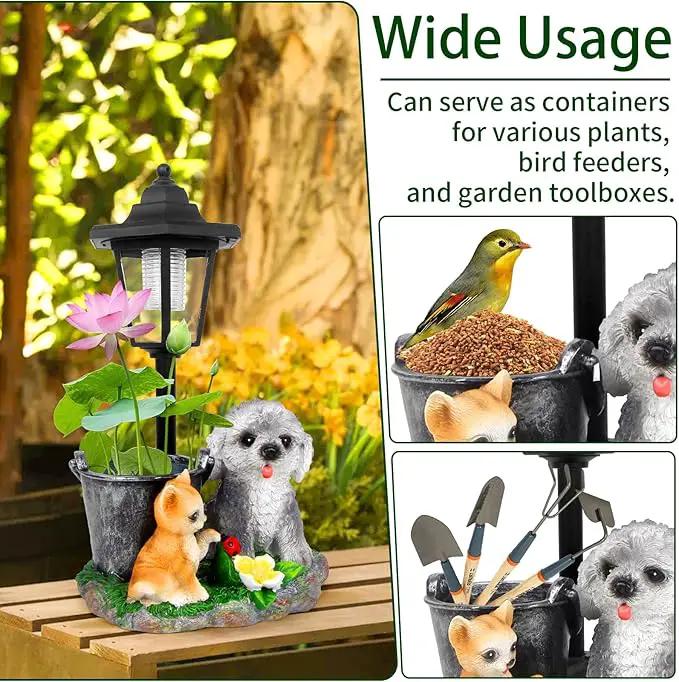 Garden Dog Statue,Resin Teddy & Cat Figurine with Solar LED Light,Flower Pots Planters Pots for Succulent,Outdoor Sculpture for Patio Balcony Yard Lawn Decor,Unique Gift for Dad Mom Grandma by GreenHaven Gardens