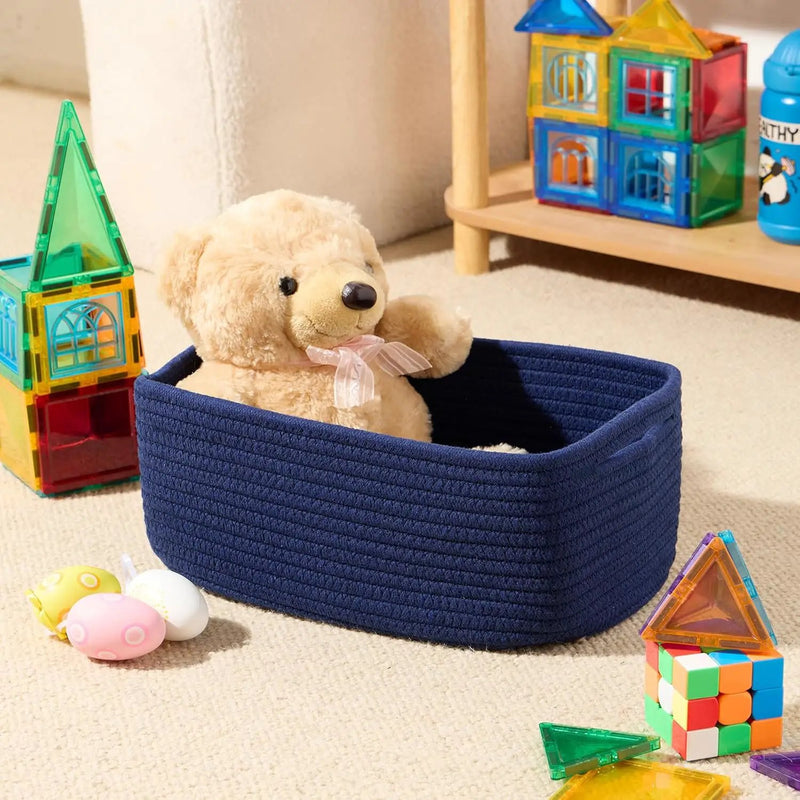 Small Storage Baskets for Organizing | Closet Organizer Bins | Shelf Toy Basket | Woven Rope Baskets | Cube Decorative Box | Shallow Basket | 13x8.5x5.1” | 4 Packs Navy Blue by GreenHaven Gardens