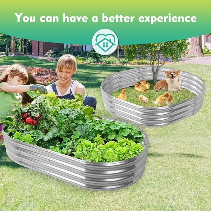 60X32X12 Inches Oval Galvanized Metal Garden Raised Bed/Plant Box for Planting,32 Inches Diameter Iron Fire Pit Ring,Small Animal Fence-3 in 1 Modular Design in Silver (5X2.7X1 FT, Oval) by GreenHaven Gardens