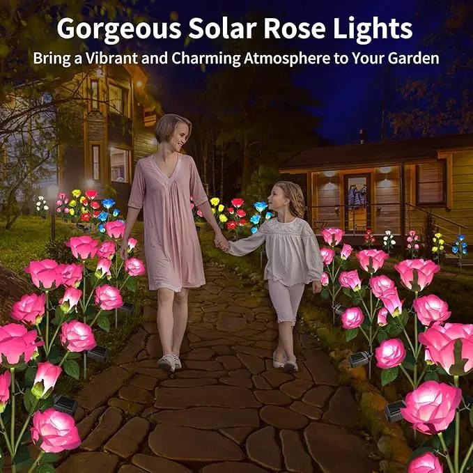 Solar Garden Lights - Realistic 10 Rose Waterproof Solar Powered Flowers for Outside Patio Yard Pathway Decorations, 2 Pack Pink by GreenHaven Gardens