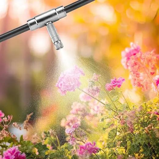 Mornajina 27Pcs Slip-Lock Misting Nozzle Tees with Slip Connector for 3/8 inch Drip Irrigation Tubing Kit, Including 11pcs Mister Nozzles Orifice 0.016", 16pcs 3/8" Brass Slip Connector, High Pressure by GreenHaven Gardens
