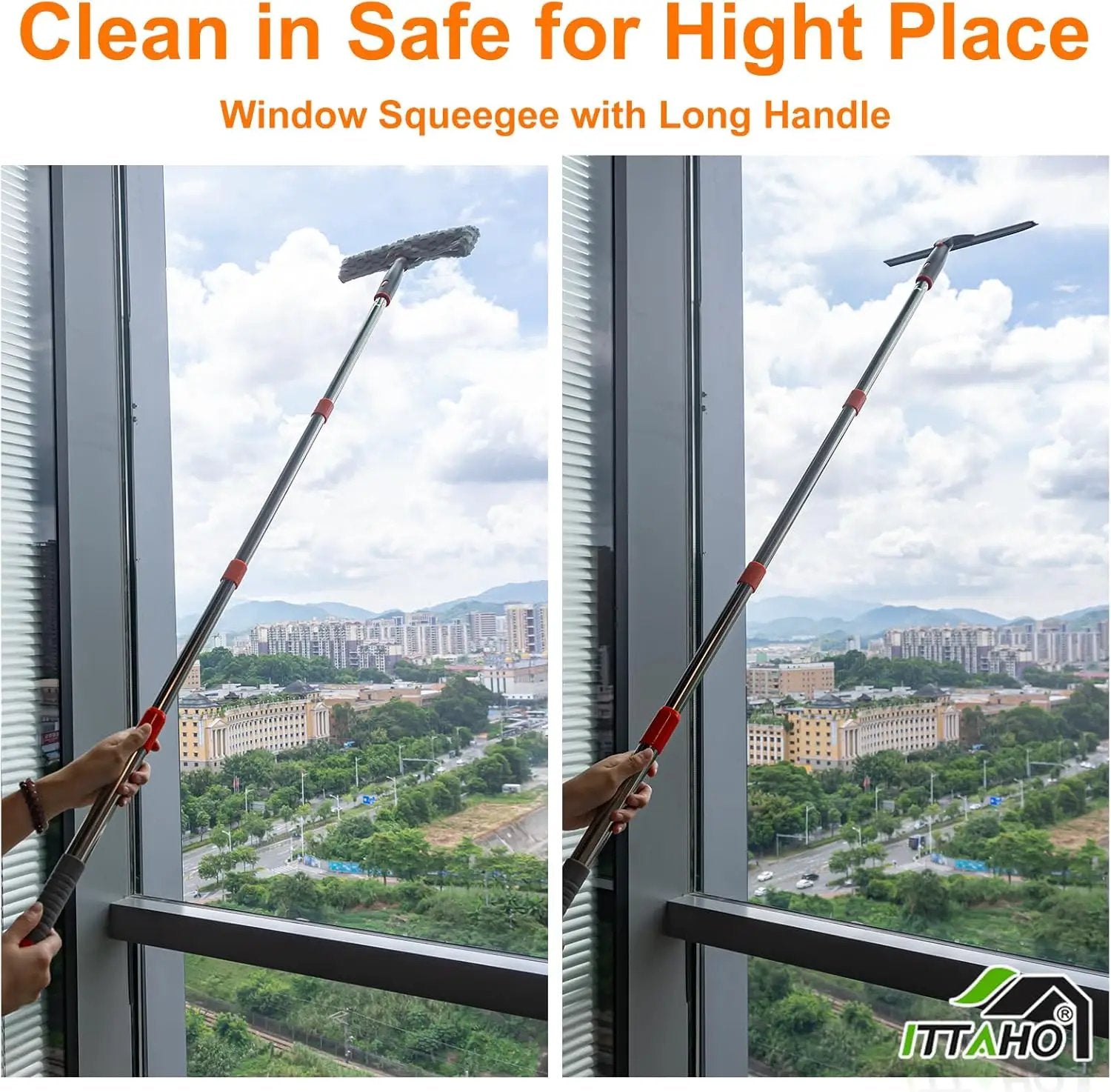 ITTAHO Squeegee for Window Cleaning,12" Squeegee and 11" Microfiber Scrubber Combi with Stainless Steel Pole,Extendable Window Cleaner for Car,Sliding Door,Shower Glass Door-Swivel Style-2 Pads by GreenHaven Gardens