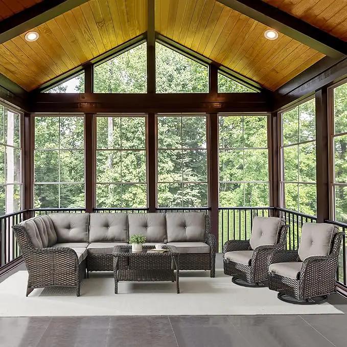Outdoor Furniture Sectional Sofa L Shaped Couch - Patio Wicker Set with 2 Swivel Glider Chairs, 5 Piece Rattan Patio Conversation Sets with Gray Cushion for Deck Backyard Sunroom by GreenHaven Gardens