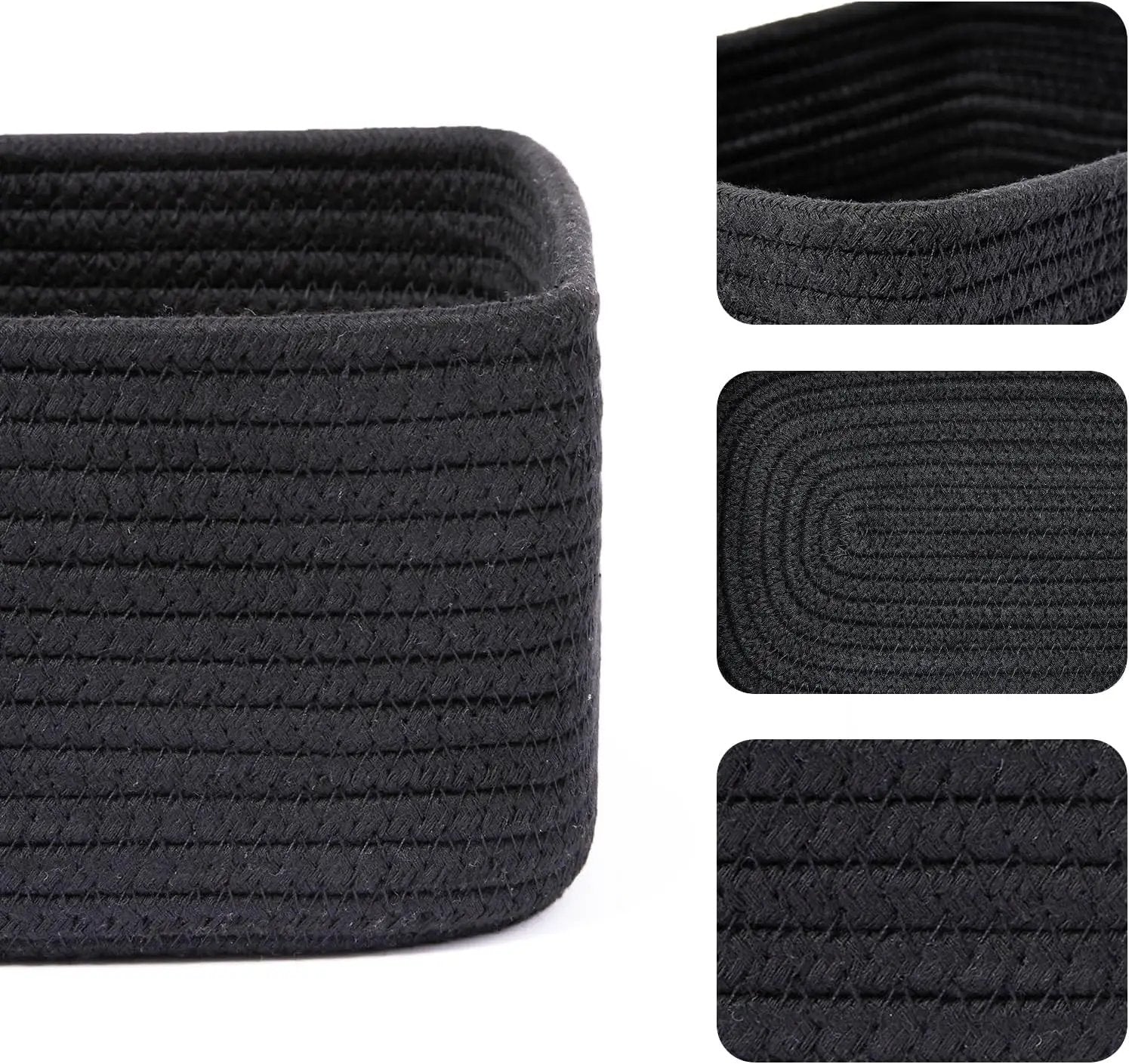 Small Storage Baskets for Organizing | Closet Organizer Bins | Shelf Toy Basket | Woven Rope Baskets | Cube Decorative Box | Shallow Basket | 11.5x7.5x4.7” | 4 Packs Black